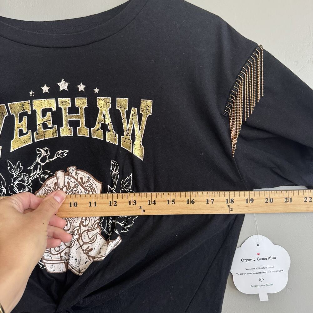 Organic Generation YeeHaw Cowgirl Woman’s Tee Sz M Black Gold Tassels Boots Top - Picture 6 of 6